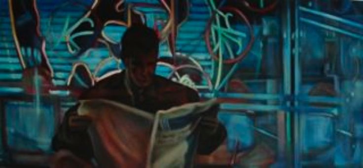 deckard reads the paper in the street at night
