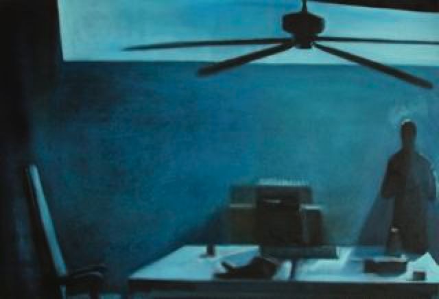 smoky blue office with fan